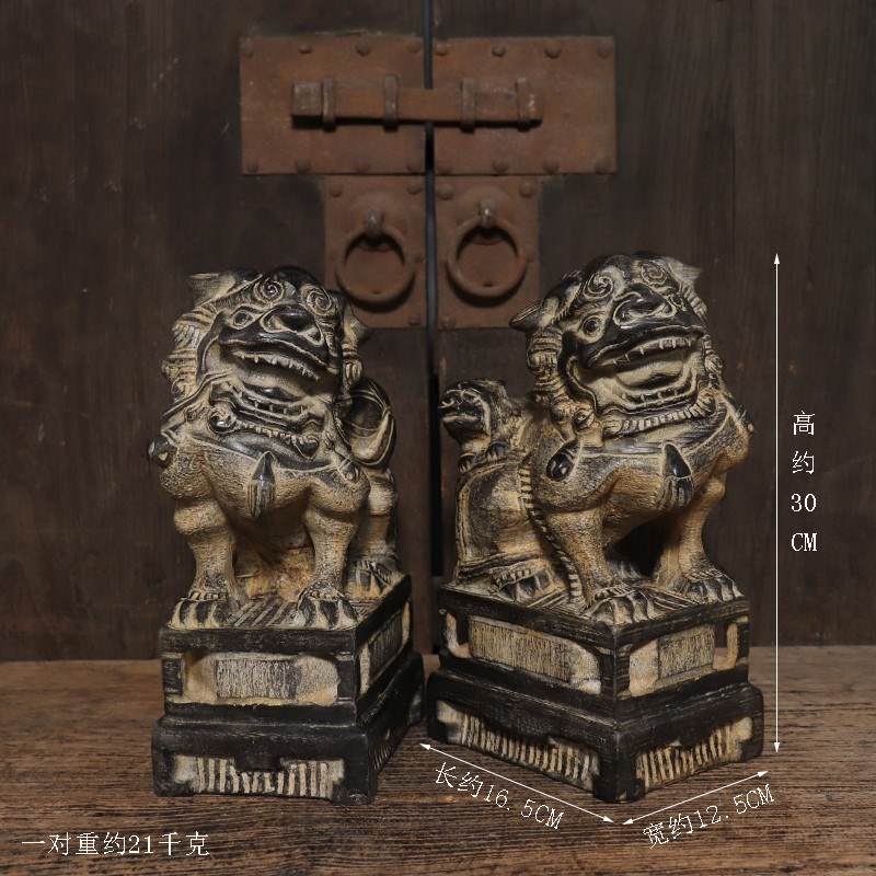 仿古石雕天然青石复古雌雄狮子一对中式案头茶席装饰摆件文玩收藏