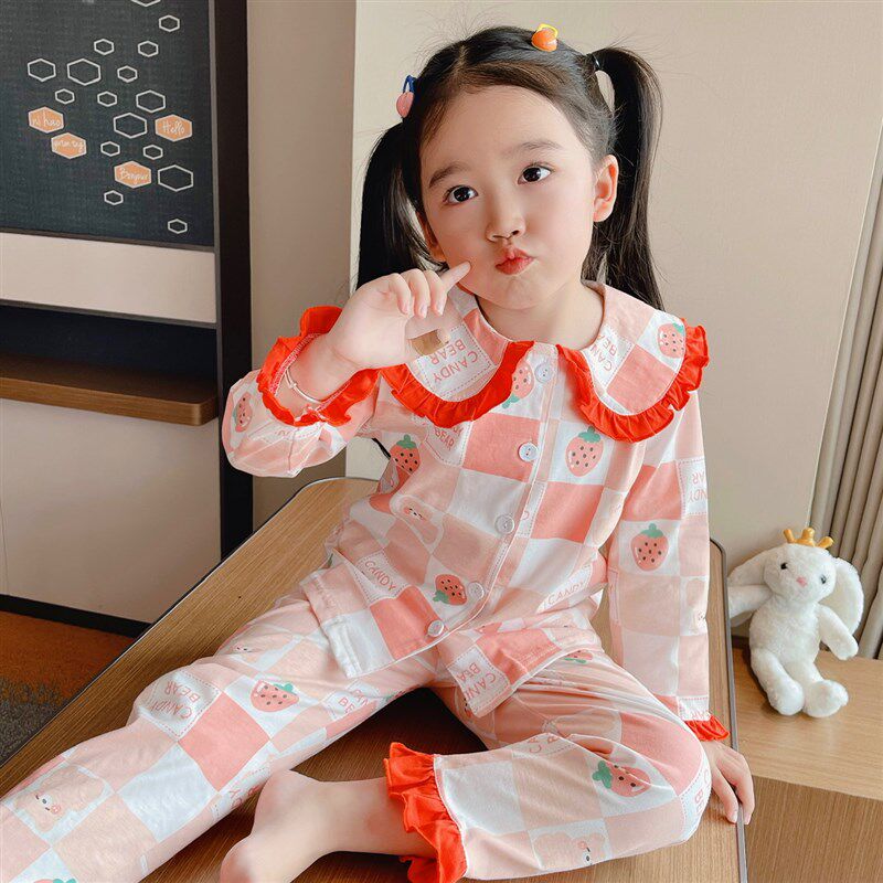 女童可爱翻领纯棉春秋睡衣男童夏季薄款长袖空调服儿童A类家居服