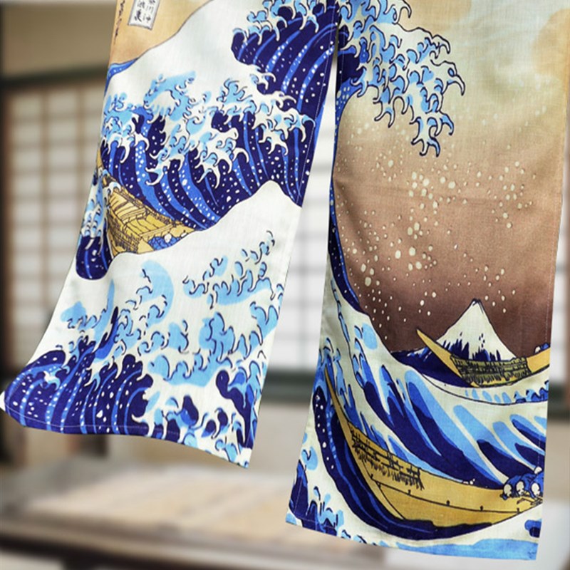 餐厅包间隔断门帘定制日式布帘浮世绘风景图装饰短帘免打孔魔术贴
