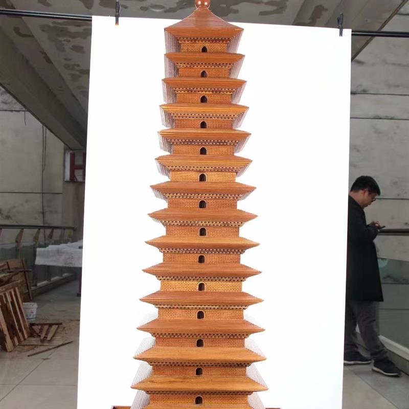 东阳木雕中式客厅办公室玄关摆件木质古建筑西安大雁塔小雁塔模型