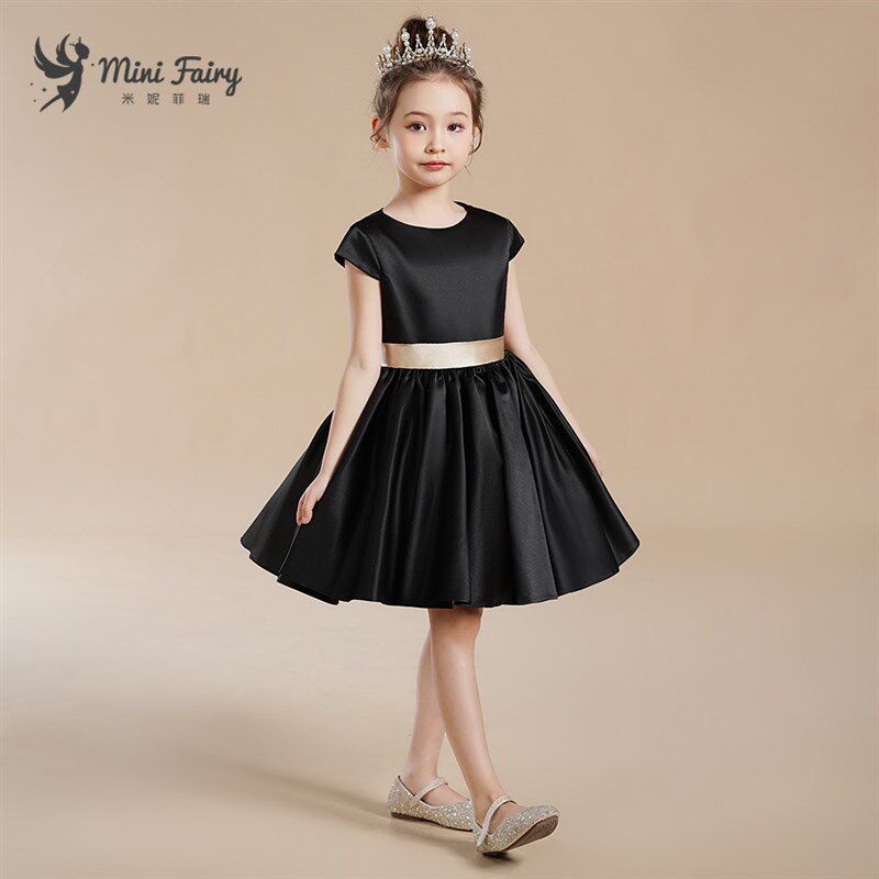 中小学生合唱团演出服高端黑色缎面晚礼服女童洋气小提琴钢琴比赛