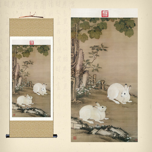 清冷枚梧桐双兔图卷轴画名家艺术仿古字画丝绸画客厅装饰画挂画