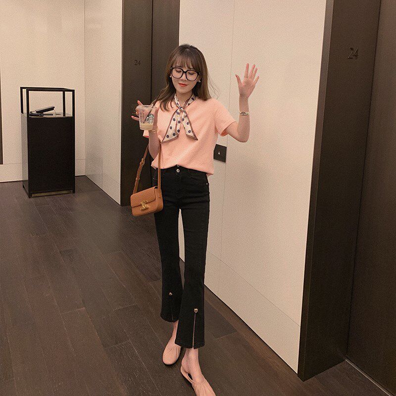 七分微辣喇牛仔裤女145小个子秋季穿搭八分显高显瘦高腰开叉喇叭