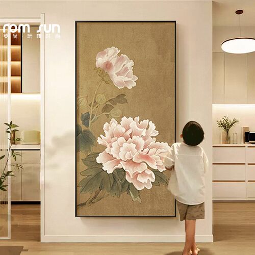 新中式玄关装饰画牡丹好寓意入户正对门壁画花开富贵走廊过道挂画