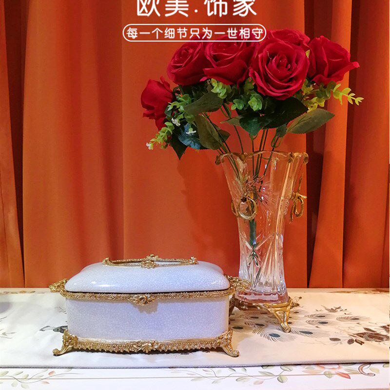 欧式水晶玻璃镶铜花插水果盘花瓶家居饰品陶瓷配铜纸巾盒装饰摆件