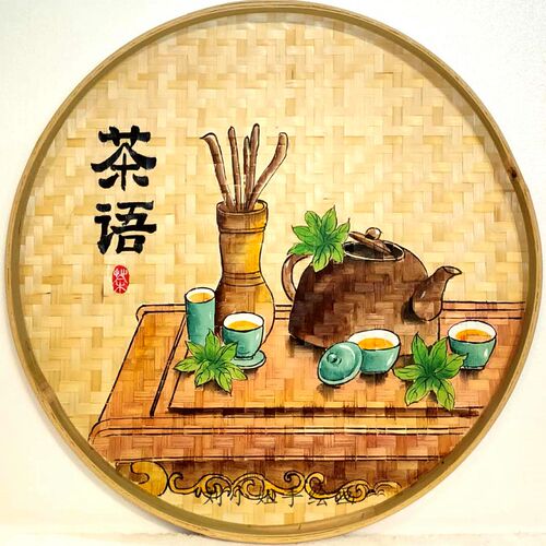 簸箕画手绘竹编茶室背景墙装饰画茶道茶庄挂画茶楼茶馆茶文化墙面