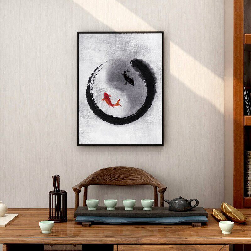 太极图挂画阴阳鱼新中式禅意装饰画抽象茶室玄关背景墙壁画定做