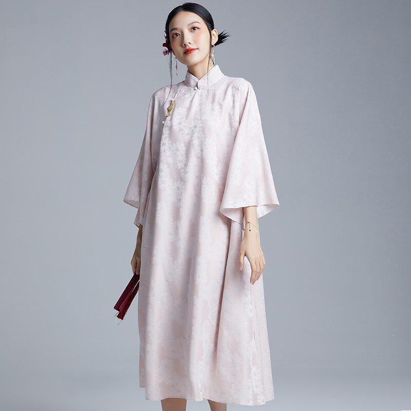 陌遇2024年新款中国风复古茶服宽松大码改良旗袍倒大袖中式连衣裙