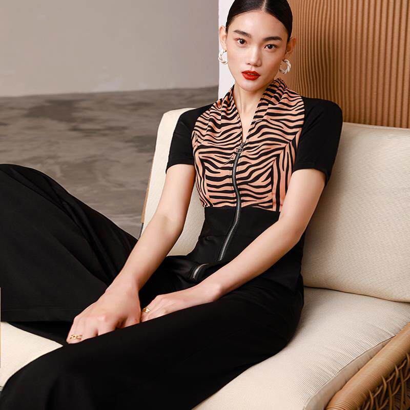 2024新款女夏连体裤拼色短袖条纹前拉链v领长款显瘦高级感裙裤