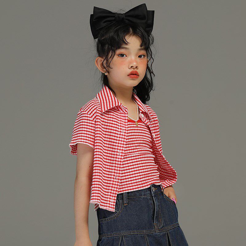 小女森女童夏装薄款甜妹格子吊带儿童两件套衬衫+修身背心潮