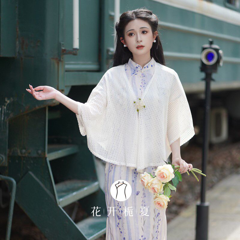 文艺复古米白色针织披肩配旗袍外搭镂空开衫小坎肩夏季薄款