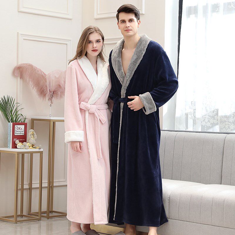 睡袍女款秋冬款加长款法兰绒情侣加厚加绒长袍珊瑚绒睡衣男士浴袍