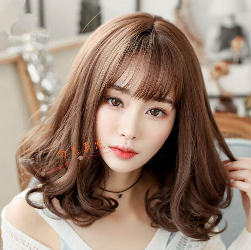 真发发套假发女空气薄刘海齐 中长卷发 梨花头真人发丝整顶假发套