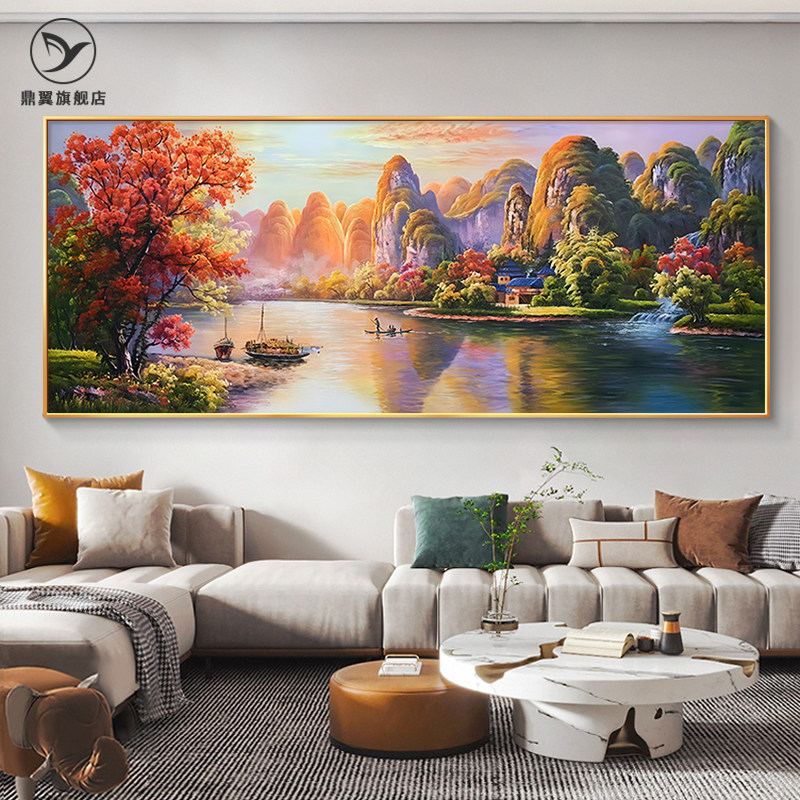 桂林山水画客厅沙发背景墙装饰画欧式风景挂画轻奢高级感手绘油画