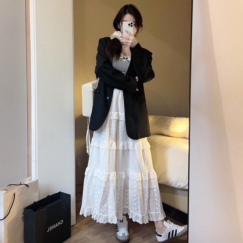 白色半身裙女春秋2025年新款高腰a字中长款小个子纱裙碎花蛋糕裙