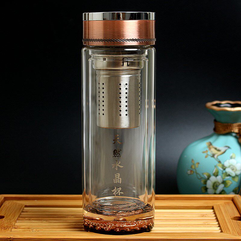 天然水晶杯双层隔热防摔耐热便携水杯子男女款带盖过滤泡茶杯刻字