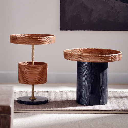 实木藤编边几带收纳意式轻奢圆形茶几小户型北欧高级艺术感侘寂风