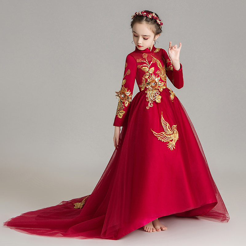 儿童晚礼服公主裙超长拖尾婚纱小模特走秀演出服拖地女童红色旗袍