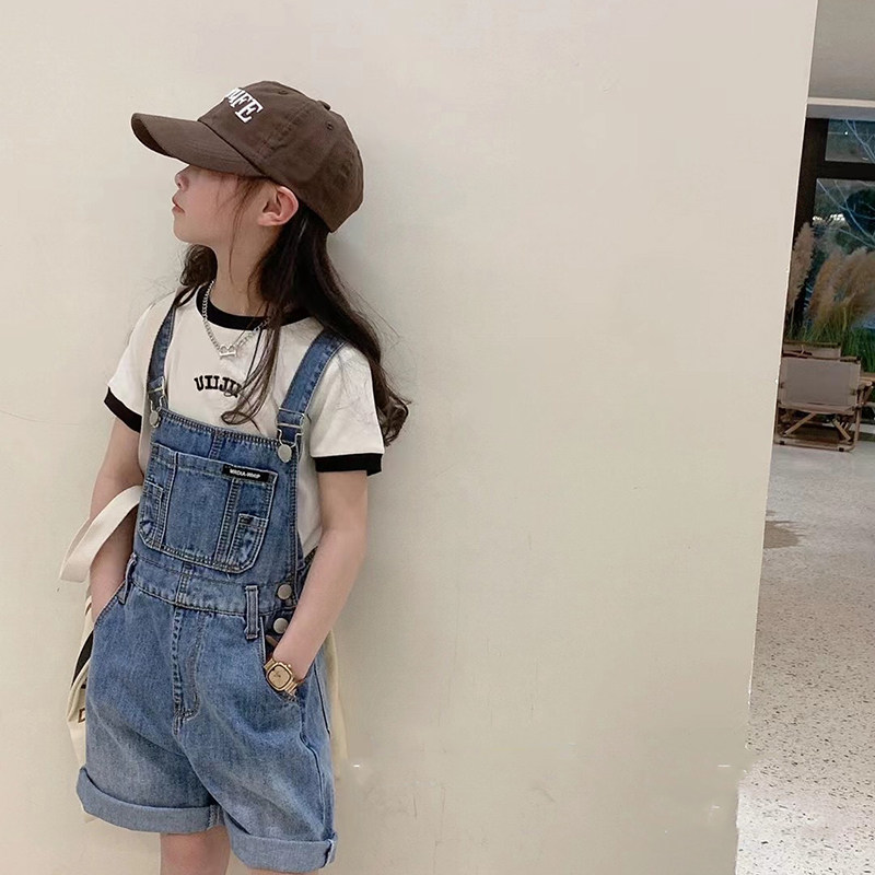 女童牛仔背带裤2023新款夏装女孩儿童装裤子休闲短裤百搭薄款套装