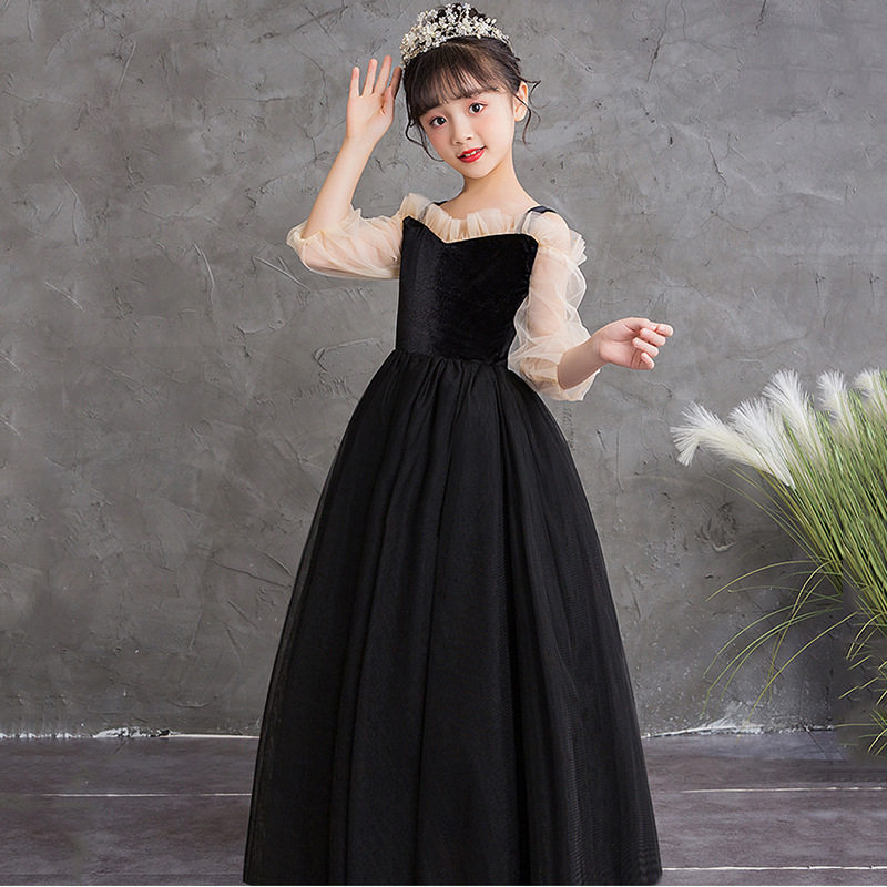 黑色高端长袖生日钢琴礼服女大童公主裙洋气2023新款小女孩表演服
