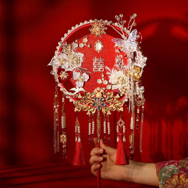 新婚团扇结婚新娘高级双面简约diy材料包出嫁秀禾婚礼古风红色扇