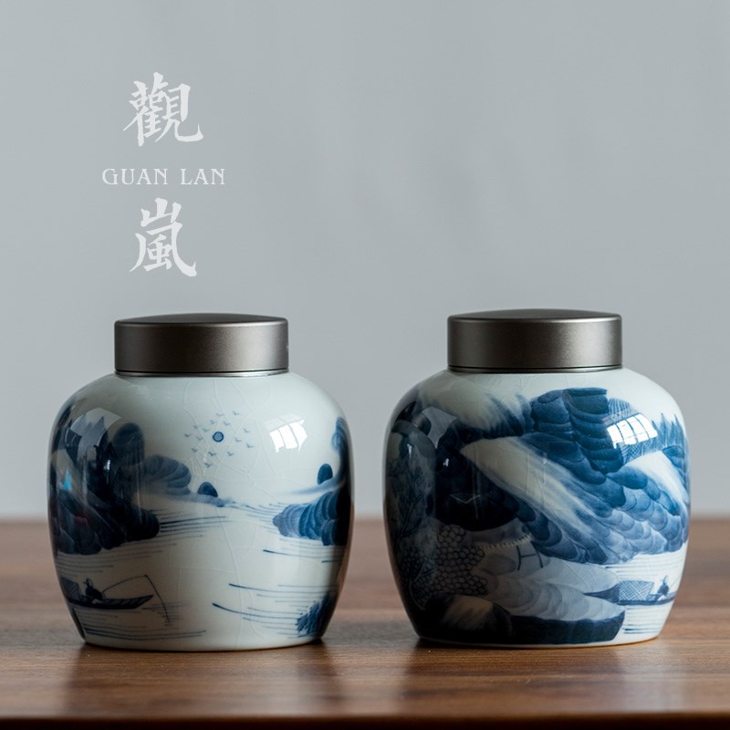 观岚家用复古青花茶叶罐子普洱散茶茶盒陶瓷密封罐双罐储存罐摆件