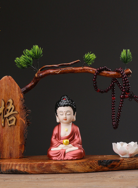 创意新中式禅意根雕风化木摆件陶瓷平安佛如来观音家居软装饰品