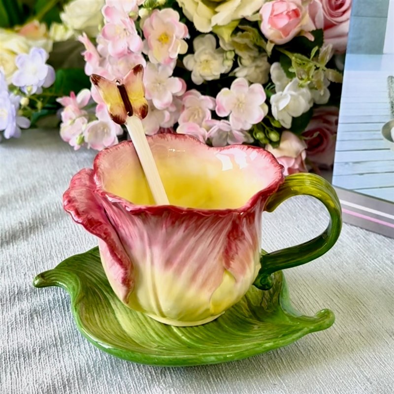 方亚釉下彩粉郁金香陶瓷杯盘组咖啡杯茶杯水杯花茶杯配勺闺蜜送礼