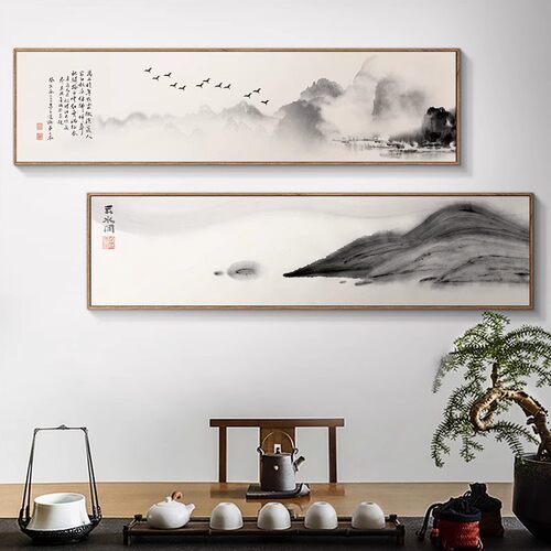 新中式水墨山水装饰画客厅沙发背景墙壁书房茶室禅意卧室床头挂画