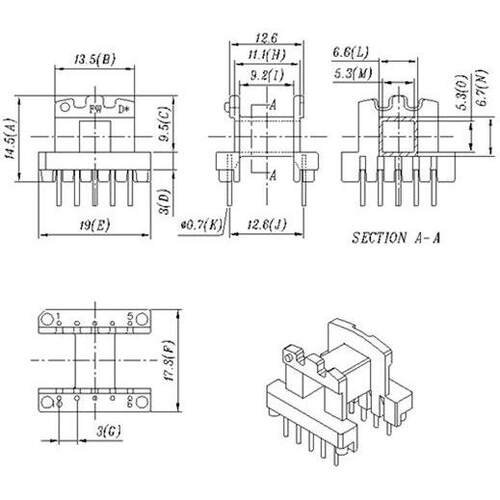 EE19骨架磁芯卧式5+5针排距=12.6mm高频变压器材料