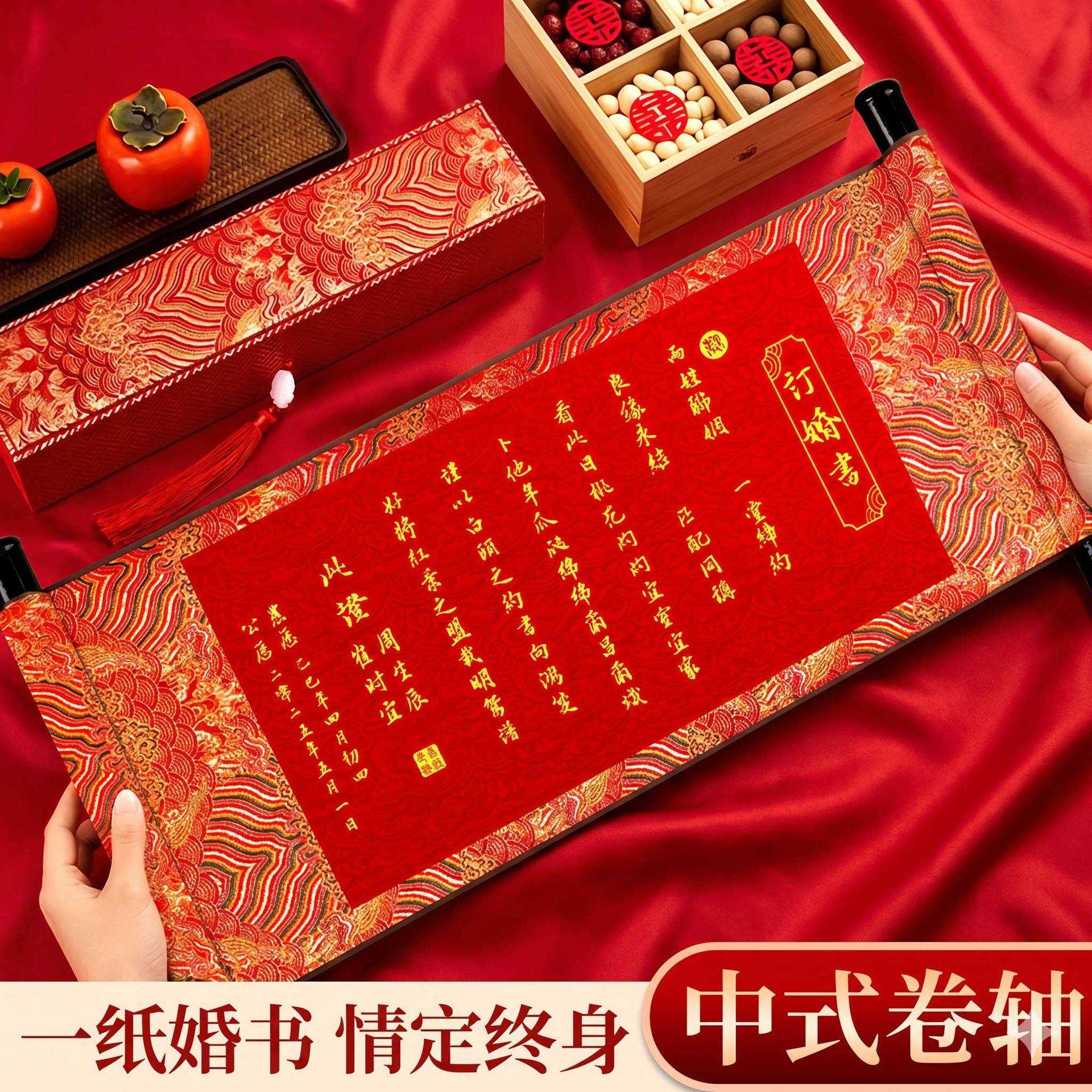 订婚书手写婚书卷轴新中式订婚宴结婚书送日子书桌子聘书宋锦纸