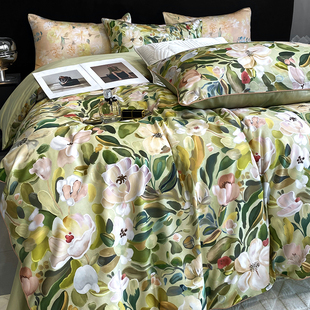 美式 轻奢120支长绒棉全棉床单四件套田园印花纯棉被套1.8床上用品