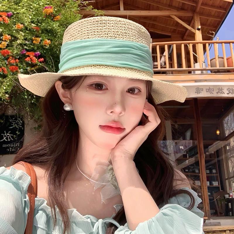 法式绿色织带渔夫帽女2026新款夏季遮阳防晒帽子海边度假出游草帽