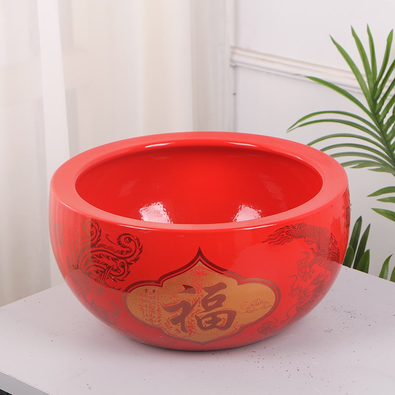 睡莲碗红色花盆聚宝盆陶瓷大景德镇水培无孔客厅专用瓷盆兰花创意