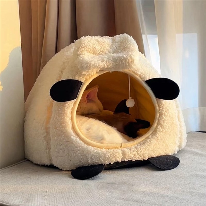 猫窝冬季保暖加厚卡通小羊封闭式安全感猫屋中小型犬狗窝宠物睡窝