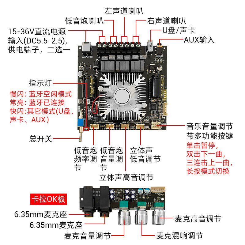 ZK-DAM-L1一体式2.1声道蓝牙功放板220W大功率卡拉OK唱歌话筒音响