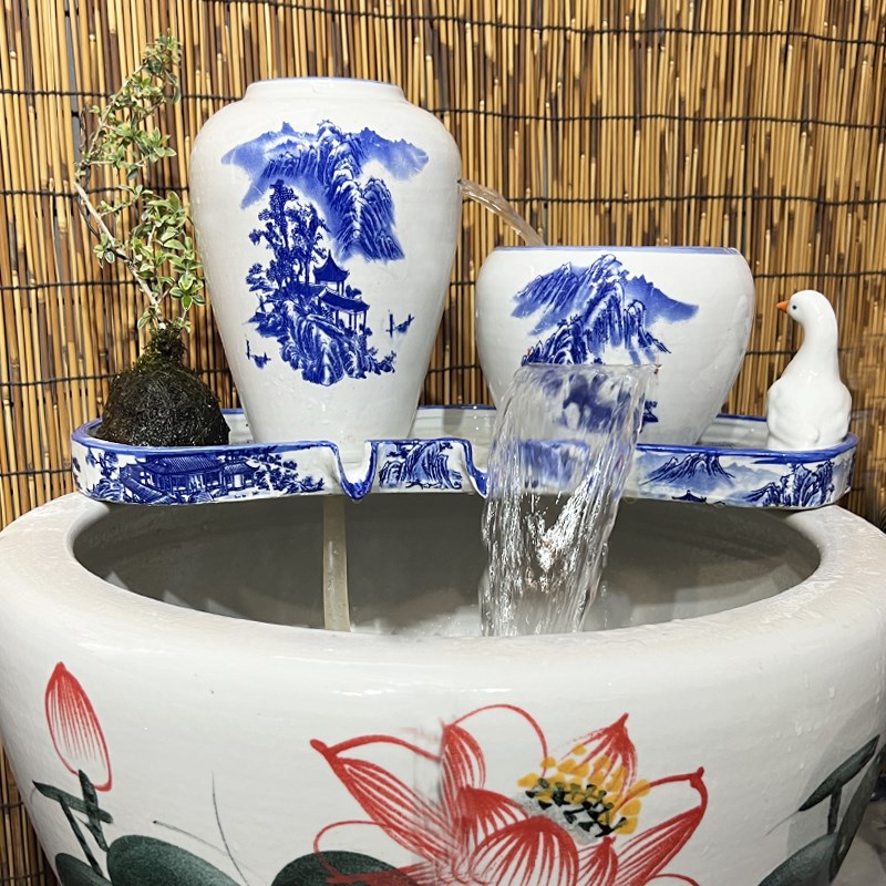 古法养鱼流水瀑布增氧循环流水罐景德镇陶瓷青花瓷鱼缸摆件装饰