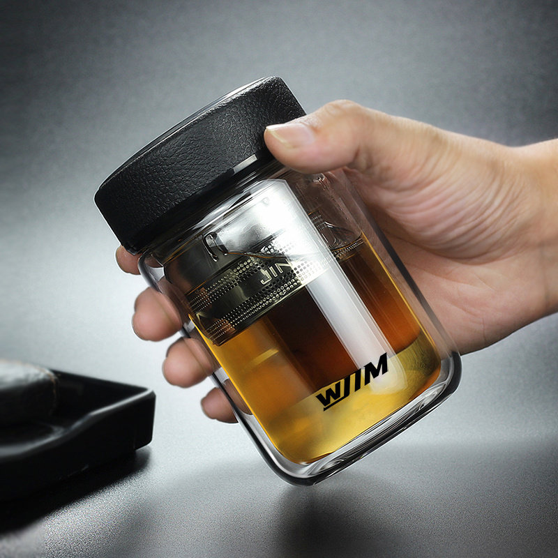 皮纹盖双层玻璃杯办公室泡茶水杯子居家车用隔热防烫商务个人喝水