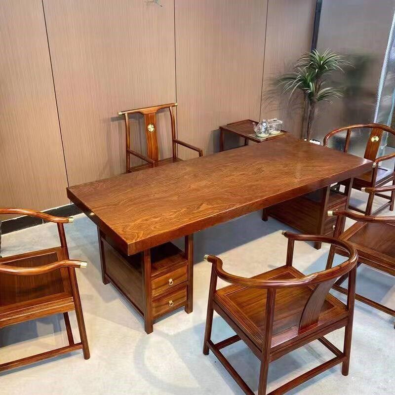 黑檀木实木大板茶桌椅组合新中式全整板茶台办公两用桌高级会客桌