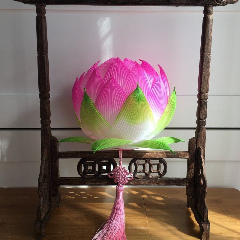 元宵节圆款纸灯笼 led发光手提莲花灯 DIY材料包半成品