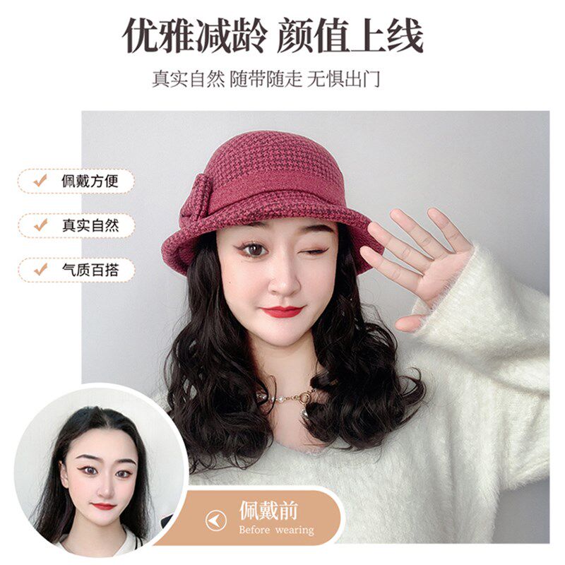 中老年帽子秋冬妈妈帽子假发一体毛呢礼帽加厚渔夫帽短卷发假发套