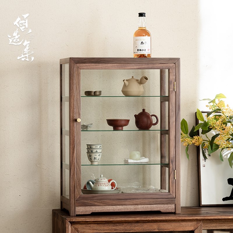 黑胡桃木茶具玻璃展示柜桌面实木收纳柜置物茶空间茶道茶杯防尘柜