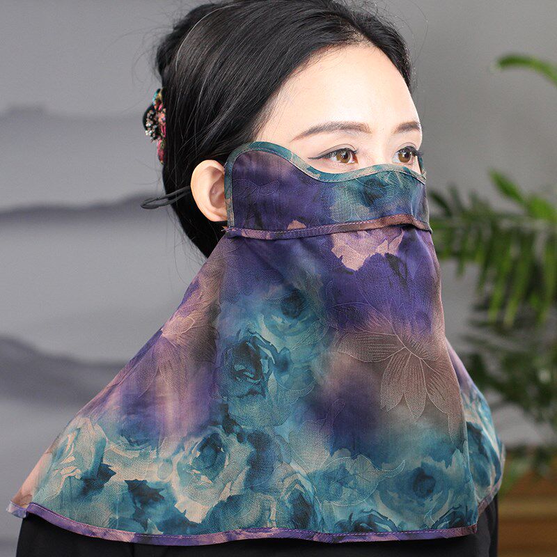 香云纱护眼角有透气孔口罩护颈防晒面纱桑蚕丝档太阳防风防尘脸罩
