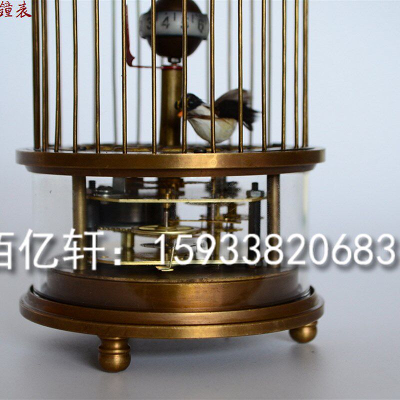 钟表机械纯铜鸟笼把玩小座钟 古典趣味老式发条玻璃鸟笼摆件