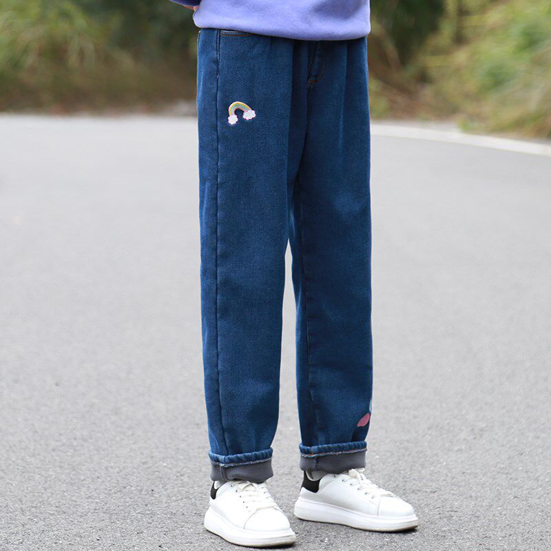 女童一体绒牛仔裤春秋加绒加厚裤子中小童儿童洋气保暖棉裤休闲裤