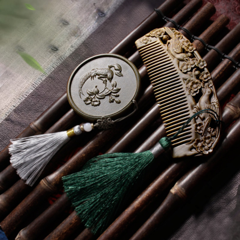 天然绿檀木梳镜组合套装迷你复古风小圆镜子雕花网红随身化妆梳镜