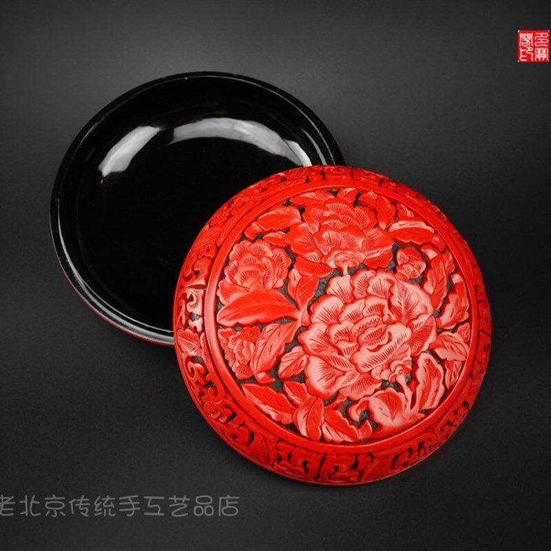 燕京八绝特色礼品非遗老货天然大漆漆器剔红纯手工老雕漆捧盒