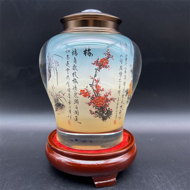 内画水晶茶叶桶实用手工绘制特色礼品摆件礼品送底座