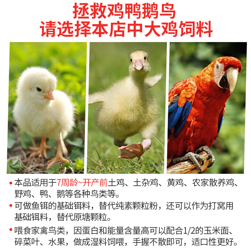 小鸡饲料20斤包邮中鸡大鸡饲料颗粒开口料鱼料鸭饲料鹦鹉八哥鸽子