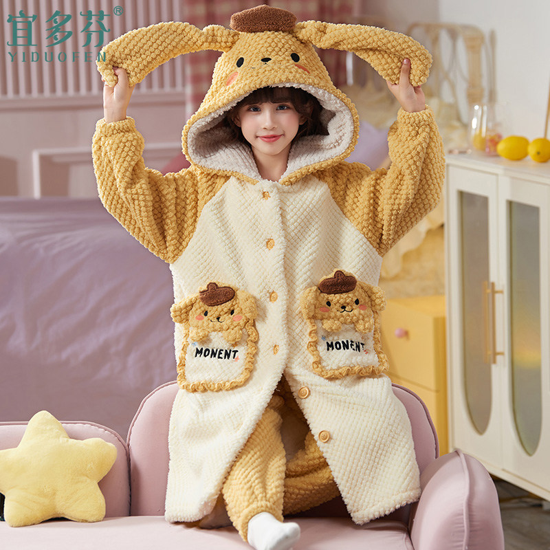 儿童睡衣冬季法兰绒珊瑚绒秋冬款女童女孩睡袍套装加绒加厚款冬天